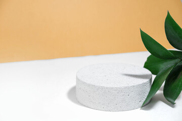 Cylindrical stone concrete eco podium on white beige background with colorful riskus leaves, hard shadows, in the rays of the sun. Minimal empty cosmetic product presentation scene. Geometric podium.