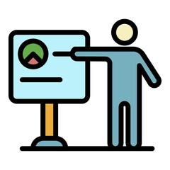 Poster - Man near the flipchart icon. Outline man near the flipchart vector icon color flat isolated