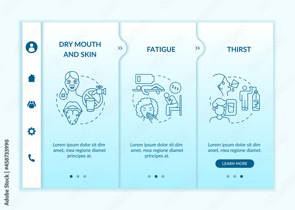 Dehydration symptoms blue gradient onboarding vector template ...