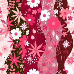 Wall Mural - Seamless ornament with flowing waves with flowers in pink colors. Original floral patchwork pattern. Fashion print for fabric.