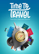 Travel time vector design. Time to travel text with compass, airplane, luggage bag and passport tourist flight elements for international adventure travelling. Vector illustration.
