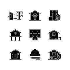 Poster - Building safety regulations black glyph icons set on white space. Adequate housing. Resistance to fire. Electricity supply. Evacuation route. Silhouette symbols. Vector isolated illustration