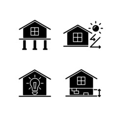 Sticker - Residential building black glyph icons set on white space. Pile foundation. Thermal insulation. Electricity supply to home. Adequate plinth height. Silhouette symbols. Vector isolated illustration