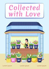 Poster - Florist in flower shop poster flat vector template