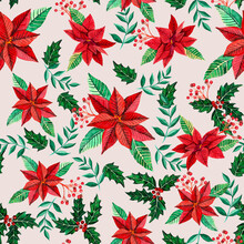 Watercolor Hand-drawn Seamless Pattern With Red Poinsettia Flowers And Holly Plant Leaves. Christmas Elements. Texture For Wrapping Paper And Packaging Design. On Cream Background.