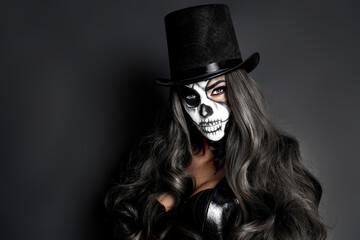 Beautiful model in Halloween makeup on black background. Sexy woman in top hat and skull makeup. Halloween makeup concept.