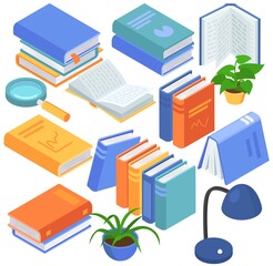 Wall Mural - Library books isometric set, vector illustration, school education with paper textbook, isolated on white collection with literature.