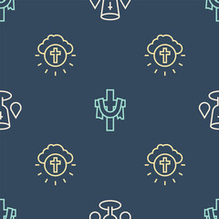 Set line Christian chalice, Religious cross in circle and on seamless pattern. Vector