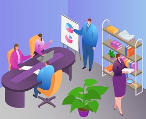 Wall Mural - Business teamwork at isometric office, vector illustration, flat man woman character work in room, team use infographic analytics report.