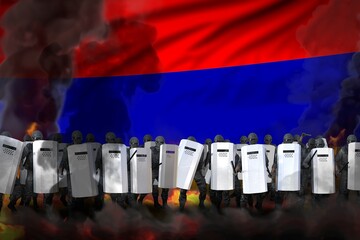 Armenia protest stopping concept, police officers in heavy smoke and fire protecting government against demonstration - military 3D Illustration on flag background