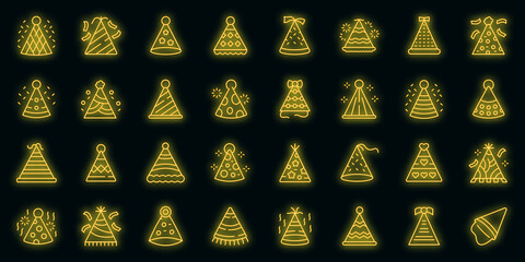 Poster - Party hats icons set. Outline set of party hats vector icons neon color on black