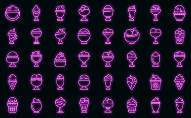 Sticker - Gelato bowl icons set. Outline set of gelato bowl vector icons neon color on black