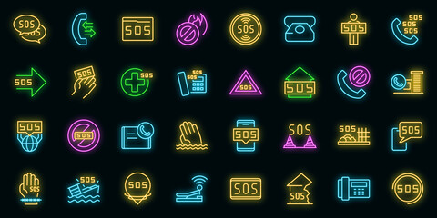 Wall Mural - Sos icons set. Outline set of sos vector icons neon color on black