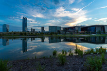 Oklahoma City Downtown Buildings Reflect In A Pond Water In Morning Light