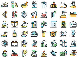 Poster - Laboratory research icons set outline vector. Dna science. Microscope chemistry