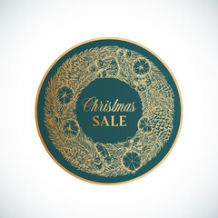 Wall Mural - Christmas and New Year Hand Drawn Sketch Wreath, Frame Banner or Sticker Template. Abstract Holiday Promo Sale Vector Label with Retro Typography and Gold Color. Isolated