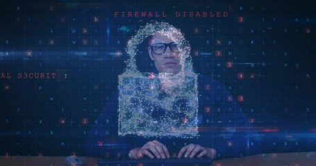 Poster - Animation of cyber attack warning over online security padlock and hacker