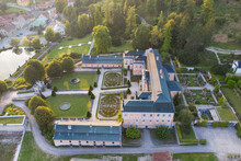 Representative Pink Rococo Nove Hrady Castle From 1777, French Garden, Village Near Litomysl, Pardubice Region, Czech Republic. Aerial View, Summer Time.