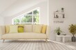 © AntonSh - Stylish room in white color with sofa and summer landscape in window. Scandinavian interior design. 3D illustration