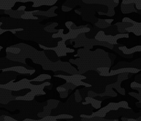 Camouflage black vector seamless pattern with hexagonal shapes. Fashionable design.