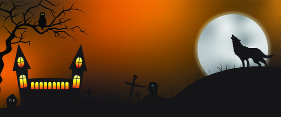 Wall Mural - Halloween Concept background with a moon, castle, howling dog in full moon night, tree and grave.