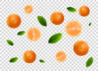 Layout with falling oranges. Juicy citrus fruits with leaves. Design element for overlay, packaging and posters. Whole and sliced. Realistic 3D vector illustration isolated on transparent background