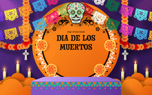 Day Of The Dead, Dia De Los Muertos 3d Podium Round, Square Stage With Paper Cut Art Elements Craft Style On Background.

