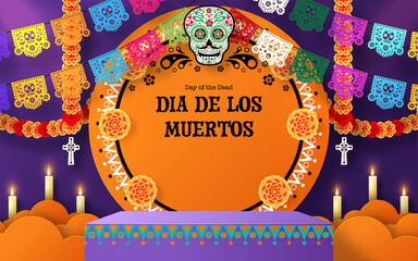 Day of the dead, Dia de los muertos 3d podium round, square stage with paper cut art elements craft style on background.

