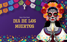 Day Of The Dead, Dia De Los Muertos, Sugar Skull With Marigold Flowers Wreath On Paper Black Color Background.