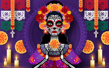 Day Of The Dead, Dia De Los Muertos, Sugar Skull With Marigold Flowers Wreath On Paper Black Color Background.