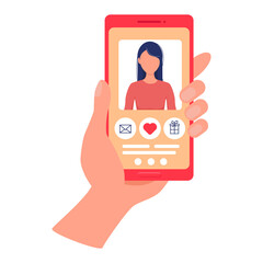 Hand holds phone with dating site. Beautiful girl on smartphone screen. Mobile dating app. Site for search couple. Vector flat illustration on online dating app users with abstract website profile