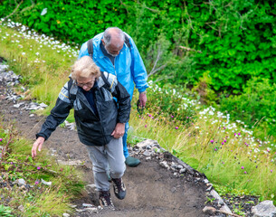 Sticker - Elderly people along a mountain trail in summer season.