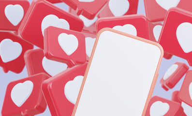 Poster - A mockup of a phone with a white blank screen. There are a lot of Like hearts background icons behind it. The concept of correspondence and communication in social networks. 3d rendering.