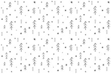 Seamless Pattern With Christmas Trees In Scandinavian Style On Snowy Background. Simple Minimalistic Background For Web, Pint, Wallpaper, Wrapping Paper, Textile, Scrapbooking.