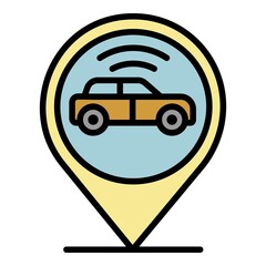 Poster - Car in geo tag icon. Outline car in geo tag vector icon color flat isolated
