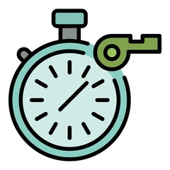 Sticker - Stopwatch and whistle icon. Outline stopwatch and whistle vector icon color flat isolated