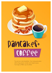 roadside diner cafe breakfast menu. stack of pancakes with bacon maple syrup and cup of hot black co
