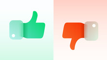 Vector Modern Trend Icon In The Style Of Glassmorphism With Gradient, Blur And Transparency. Two Symbols Green Like And Red Dislike