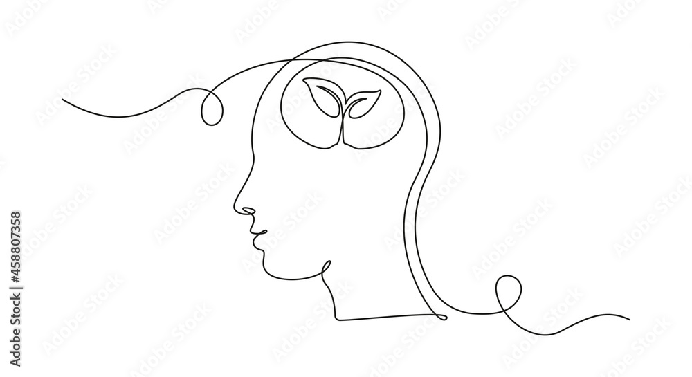 One continuous line drawing of human head with plant inside. Mental ...