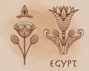 Egyptian floral design element set over beige grunge background. Lotus flower, vector sign, symbol, logo illustration. Spirituality, occultism, chemistry, flower tattoo.