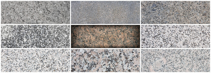 Wall Mural - Granite texture set. Collection of panoramic stone backgrounds. Beautiful natural granite with a grainy pattern. Wide panoramas with flat solid rough surface of rock.