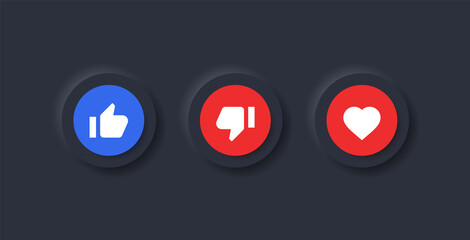 Fototapete - Like dislike love icons in neumorphic button or thumb up down with neumorphism buttons in black circle - social media notification icons - like icon, love icon - ui ux user interface design for apps