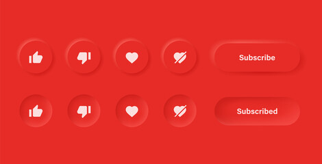 Poster - like dislike icon with subscribe button -  love unlove icons symbols in red neumorphism youtube buttons for social media notification icons - Thumb up down Neumorphic UI UX Elements 3D 
