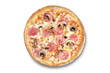Fresh baked pizza with ham and mushrooms on a white isolated background