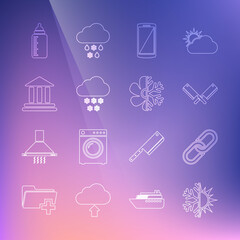 Sticker - Set line Sun and snowflake, Chain link, Crossed meat chopper, Smartphone, mobile phone, Cloud with, Bank building, Baby bottle and Air conditioner icon. Vector