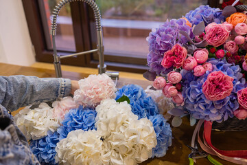 Close-up colorful spring bouquet with many different flowers jelly.