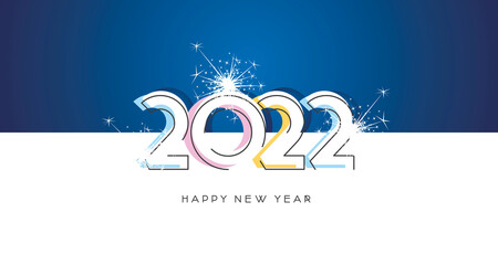 Poster - 2022 New Year white sparkle firework modern trendy line design numbers with colorful shapes on blue white isolated background