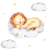 Fototapeta Dziecięca - Cartoon lion sleeps on cloud; watercolor hand drawn illustration; with white isolated background