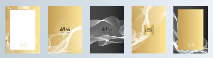 Poster - Abstract geometric modern cover design set. Elegant design for business sale, wedding card, luxury menu template, holiday flyer. The pattern of white and gold wavy lines on golden vector background.