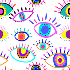 Bright seamless pattern with colorful eyes. Texture background. Wallpaper for teenager girls. Women's fashion style